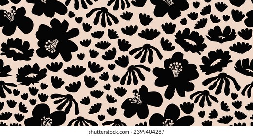 Flower seamless background. Minimalistic abstract floral pattern. Modern print in black and white background. Ideal for textile design, wallpaper, covers, cards, invitations and posters.