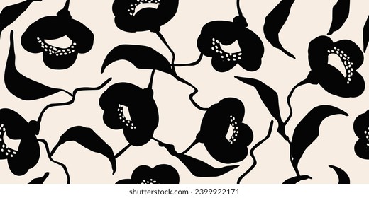 Flower seamless background. Minimalistic abstract floral pattern. Modern print in black and white background. Ideal for textile design, wallpaper, covers, cards, invitations and posters.