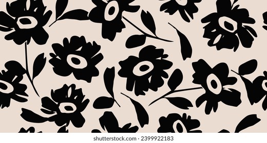Flower seamless background. Minimalistic abstract floral pattern. Modern print in black and white background. Ideal for textile design, wallpaper, covers, cards, invitations and posters.