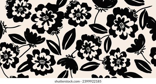 Fondo transparente de las flores. Patrón floral abstracto minimalista. Impresión moderna de fondo blanco y negro. Ideal para el diseño textil, papel pintado, cubiertas, tarjetas, invitaciones y carteles.