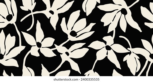 Flower seamless background. Minimalistic abstract floral pattern. Modern print in black and white background. Ideal for textile design, wallpaper, covers, cards, invitations and posters.