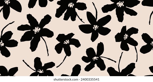 Flower seamless background. Minimalistic abstract floral pattern. Modern print in black and white background. Ideal for textile design, wallpaper, covers, cards, invitations and posters.