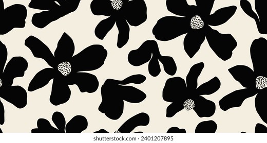 Flower seamless background. Minimalistic abstract floral pattern. Modern print in black and white background. Ideal for textile design, wallpaper, covers, cards, invitations and posters.