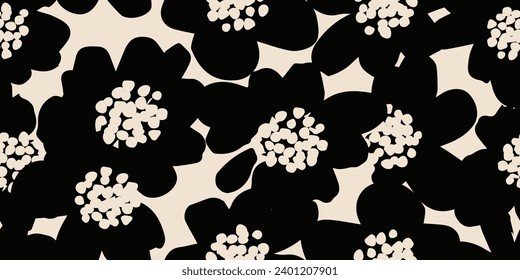 Flower seamless background. Minimalistic abstract floral pattern. Modern print in black and white background. Ideal for textile design, wallpaper, covers, cards, invitations and posters.