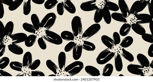 Flower seamless background. Minimalistic abstract floral pattern. Modern print in black and white background. Ideal for textile design, wallpaper, covers, cards, invitations and posters.