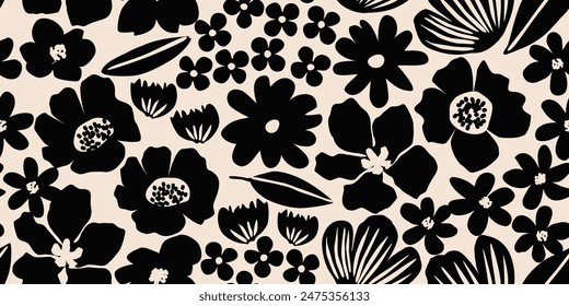Fondo sin costuras de la flor. Patrón floral abstracto minimalista. Impresión moderna en fondo blanco y negro. Ideal para el diseño textil, Fondo de pantalla, cubiertas, tarjetas, invitaciones y carteles.