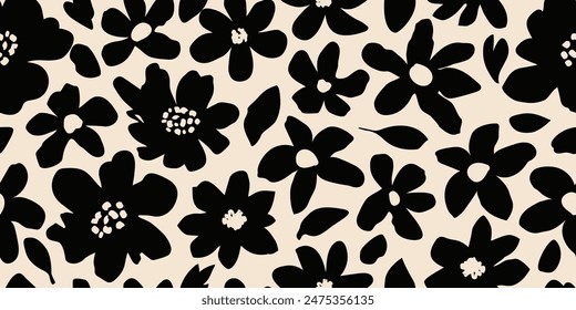Flower seamless background. Minimalistic abstract floral pattern. Modern print in black and white background. Ideal for textile design, wallpaper, covers, cards, invitations and posters.