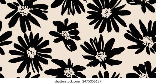 Flower seamless background. Minimalistic abstract floral pattern. Modern print in black and white background. Ideal for textile design, wallpaper, covers, cards, invitations and posters.