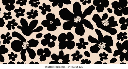 Fondo sin costuras de la flor. Patrón floral abstracto minimalista. Impresión moderna en fondo blanco y negro. Ideal para el diseño textil, Fondo de pantalla, cubiertas, tarjetas, invitaciones y carteles.