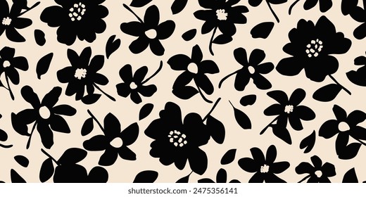 Fondo sin costuras de la flor. Patrón floral abstracto minimalista. Impresión moderna en fondo blanco y negro. Ideal para el diseño textil, Fondo de pantalla, cubiertas, tarjetas, invitaciones y carteles.