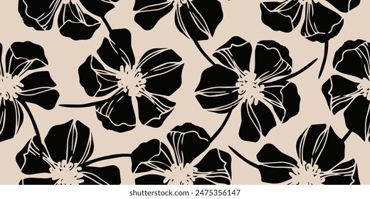 Flower seamless background. Minimalistic abstract floral pattern. Modern print in black and white background. Ideal for textile design, wallpaper, covers, cards, invitations and posters.