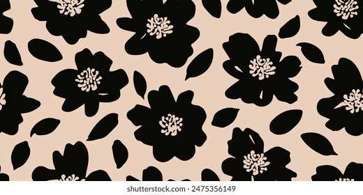 Flower seamless background. Minimalistic abstract floral pattern. Modern print in black and white background. Ideal for textile design, wallpaper, covers, cards, invitations and posters.