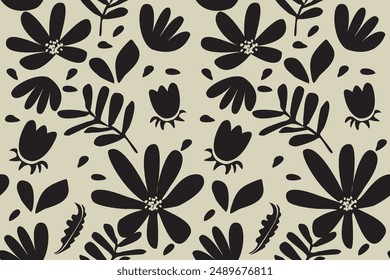 Flower seamless background. Minimalistic abstract floral pattern. Modern print in black and white background. Ideal for textile design, wallpaper, covers, cards, invitations and posters.