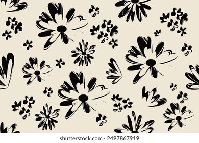 Flor de fondo sin fisuras. Patrón floral abstracto minimalista. Estampado moderno en fondo blanco y negro. Ideal para diseño textil, Fondo de pantalla, fundas, tarjetas, invitaciones y carteles.