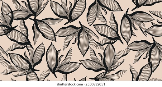 Flower seamless background. Minimalistic abstract floral pattern. Modern print in black and white background. Ideal for textile design, wallpaper, covers, cards, invitations and posters.