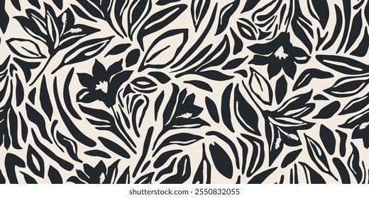 Nahtloser Hintergrund. Minimalistisches abstraktes Blumenmuster. Moderner Druck auf schwarz-weißem Hintergrund. Ideal für textile Gestaltung, Tapeten, Cover, Karten, Einladungen und Poster.