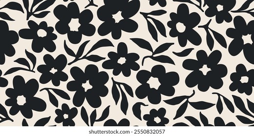 Fundo de flor sem emenda. Padrão floral abstrato minimalista. Impressão moderna em fundo preto e branco. Ideal para design têxtil, papel de parede, capas, cartões, convites e cartazes.