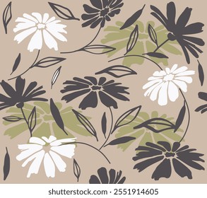 Flower seamless background. Minimalistic abstract floral pattern. Modern print in black and white background. Ideal for textile design, wallpaper, covers, cards, invitations and posters.eps8