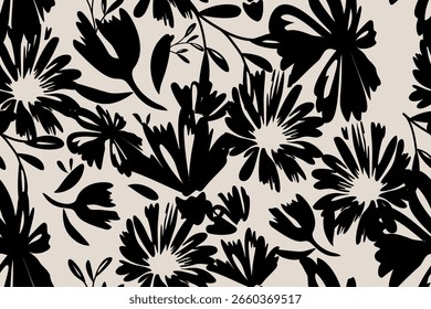 Fundo de flor sem emenda. Padrão floral abstrato minimalista. Impressão moderna em fundo preto e branco. Ideal para design têxtil, papel de parede, capas, cartões, convites e cartazes.	