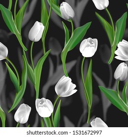 Flower seamless background. Flower white tulips over dark gray. Floral spring Vector pattern.