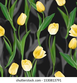 Flower seamless background. Flower yellow tulips over dark gray. Floral spring Vector pattern.