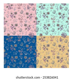      Flower seamless background.Seamless pattern from abstract flowers, leaves, stalks and additional elements.Square vector illustration.
