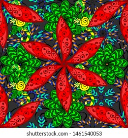 Flower. Seamless decorative background, flower mandala. On green, black and red colors. Vector illustration.