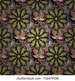 Flower. Seamless decorative background, flower mandala. On black, yellow and green colors. Vector illustration.
