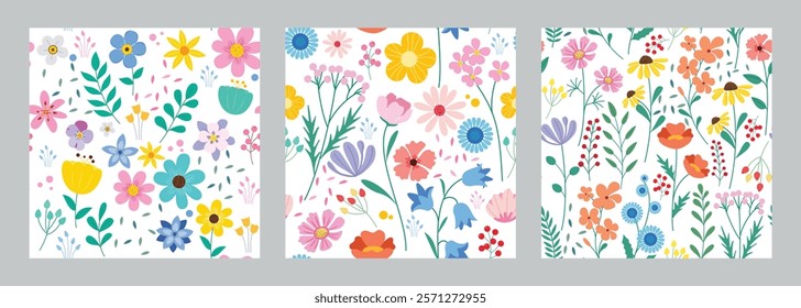 Flower seamless drawing clipart background set. Spring flowers continuous pattern and endless wallpaper clip art collection in colorful watercolor drawing. Vector illustration floral seamless 