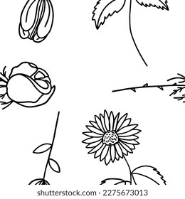 Flower Seamless Fabric Pattern. Simple floral element plant decorative design. Hand drawn line art. Outline doodle flat style. Creative sketch. Vector illustration isolated on white background.