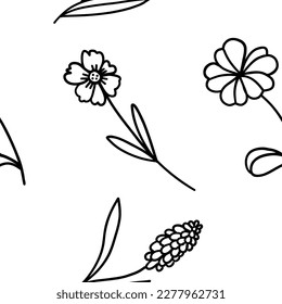 Flower Seamless Fabric Pattern. Simple floral element plant decorative design. Hand drawn line art. Outline doodle flat style. Creative sketch. Vector illustration isolated on white background.