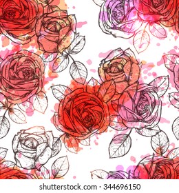 Flower Seamless Hand Drawn Pattern With Watercolor Effect