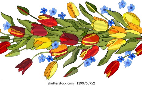 Flower seamless horizontal border isolated on white background. Endless pattern with tulips for design of invitations, cards, gift boxes.