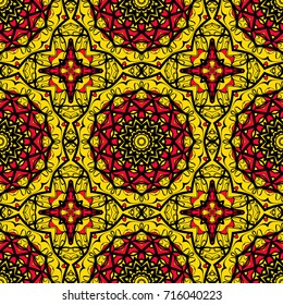Flower seamless Mandala background in sun colors. Vintage decorative elements. Oriental pattern. Vector illustration