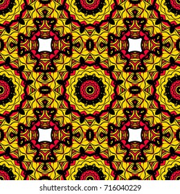 Flower seamless Mandala background in sun colors. Vintage decorative elements. Oriental pattern. Vector illustration