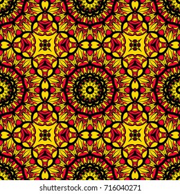 Flower seamless Mandala background in sun colors. Vintage decorative elements. Oriental pattern. Vector illustration