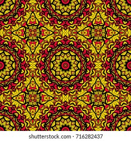 Flower seamless Mandala background in sun colors. Vintage decorative elements. Oriental pattern. Vector illustration