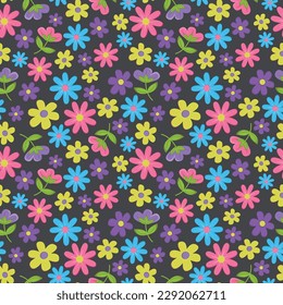 Flower seamless on blue background illustration. Pretty floral pattern for print. Flat design . Floral background.