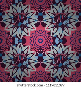Flower seamless pattern. Abstract floral textile print for decoration, blue, brown and beige fashion traditional vector vintage art. Stylized plant floral ornament.
