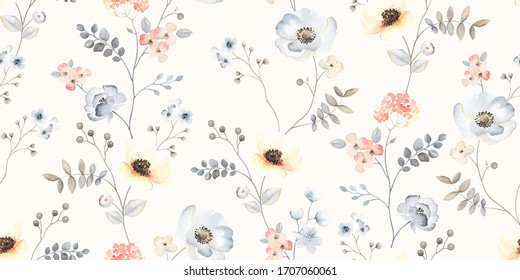  Flower seamless pattern with abstract floral branches with leaves, blossom flowers and berries. Vector nature illustration in vintage watercolor style on light yellow background.
