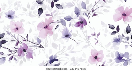 Flower seamless pattern with abstract floral branches with leaves, blossom lilac pink pastel flowers. Vector nature illustration in vintage watercolor style on light white background svg