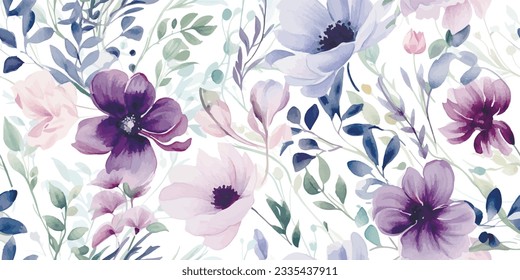 Flower seamless pattern with abstract floral branches with leaves, blossom lilac pink pastel flowers. Vector nature illustration in vintage watercolor style on light white background