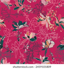 Flower seamless pattern with abstract floral branches with leaves, blossom flowers and berries. Stock vector for printing on surfaces.