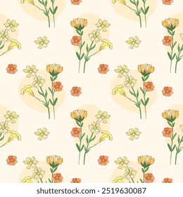 Flower seamless pattern with abstract floral branches with leaves, blossom flowers. Vector nature illustration in vintage style on light yellow background