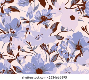 Flower seamless pattern with abstract floral branches with leaves, blossom flowers and berries. Vector nature illustration in vintage watercolor style on light yellow background.