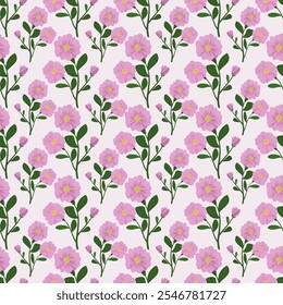 Flower seamless pattern with abstract floral branches with leaves and blossom flowers. Vector nature illustration in vintage on light pink background. Design for wallpaper, fabric, clothing, wrapping.