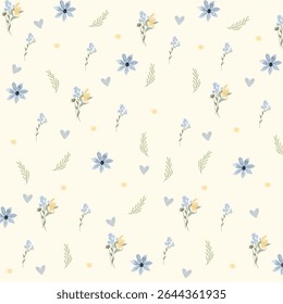 Padrão de flores sem emenda com ramos florais abstratos com folhas, flores de flor e corações. Ilustração da natureza do vetor no estilo da aquarela vintage no fundo amarelo claro.