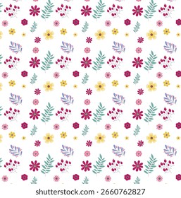 Flower seamless pattern with abstract floral branches with leaves, blossom flowers and berries. Vector nature illustration in vintage watercolor style .