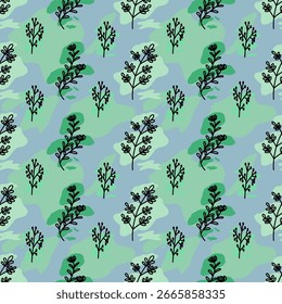 Flower seamless pattern with abstract floral branches with leaves, blossom flowers. Vector nature illustration