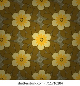 Flower seamless pattern. Abstract floral textile print for decoration, brown and yellow fashion traditional vector vintage art. Stylized plant floral ornament.